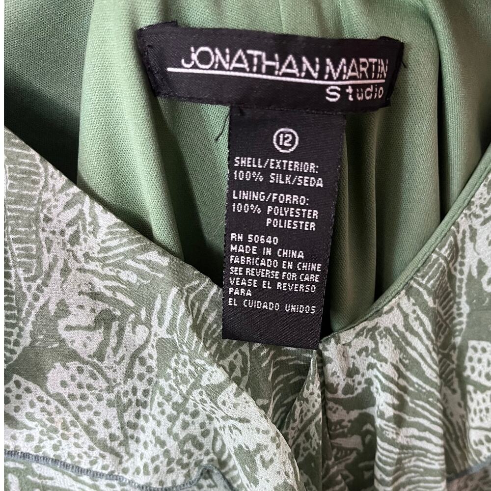 Jonathan Martin Studio Green Flounce Floral Midi Dress 100% Silk Ruffle Neck 12 - Picture 5 of 6